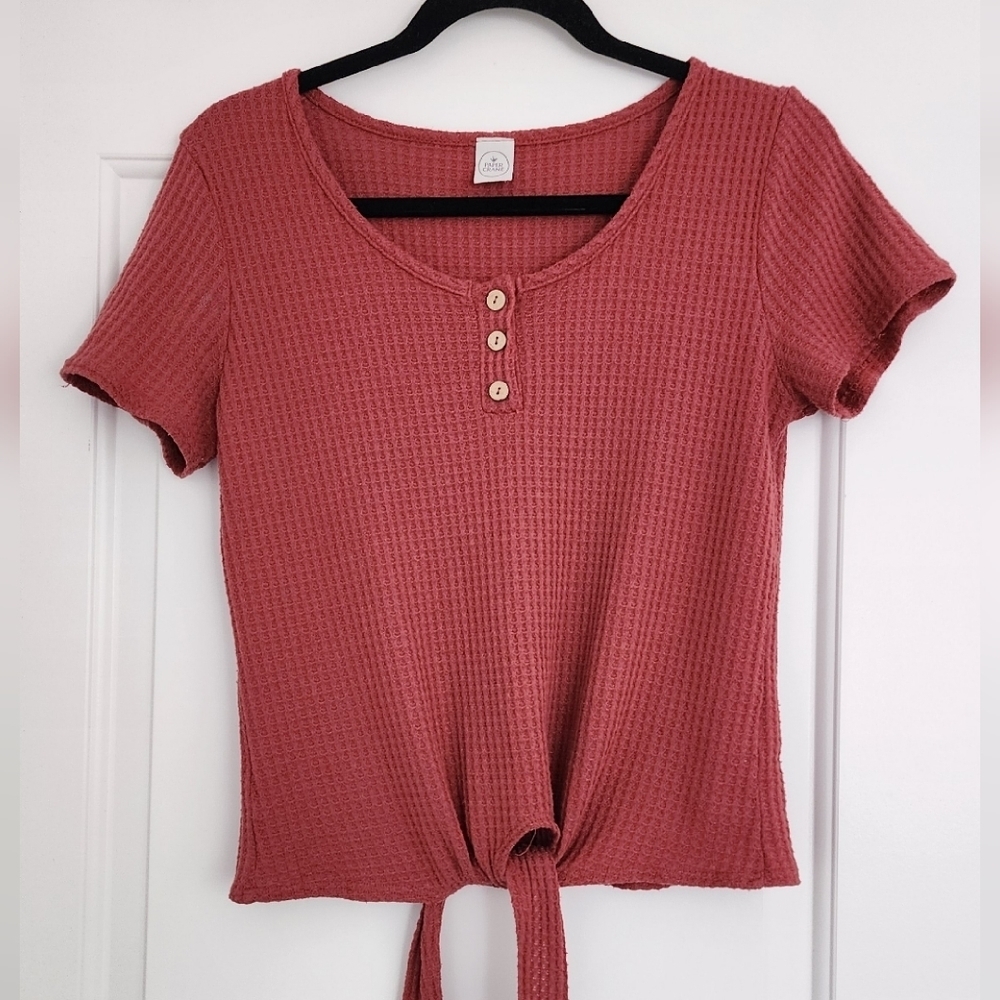 Paper Crane Waffle Knit Tie Waist Short Sleeve Terracotta Red Blouse S
